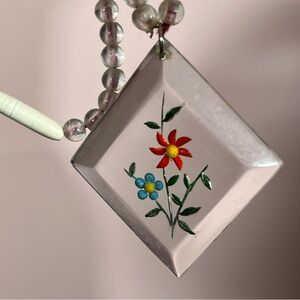 Antique Art deco Reverse Carving clear celluloid Cottagecore Floral Necklace